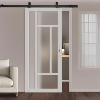 Image: Bespoke Top Mounted Sliding Track & Solid Wood Door - Eco-Urban® Morningside 5 Pane Door DD6437SG Frosted Glass - Premium Primed Colour Options