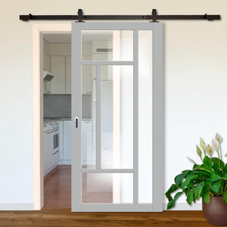 Image: Top Mounted Black Sliding Track & Solid Wood Door - Eco-Urban® Morningside 5 Pane Solid Wood Door DD6437G Clear Glass - Mist Grey Premium Primed