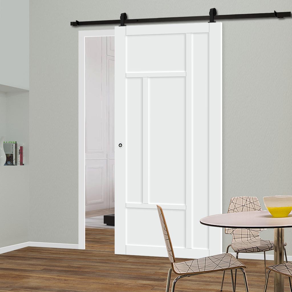 Top Mounted Black Sliding Track & Solid Wood Door - Eco-Urban® Morningside 5 Panel Solid Wood Door DD6437 - Cloud White Premium Primed