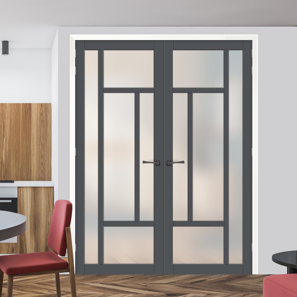 Morningside 5 Pane Solid Wood Internal Door Pair UK Made DD6437SG Frosted Glass - Eco-Urban® Stormy Grey Premium Primed