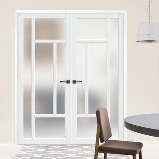 Image: Morningside 5 Pane Solid Wood Internal Door Pair UK Made DD6437SG Frosted Glass - Eco-Urban® Cloud White Premium Primed