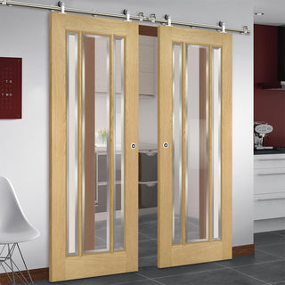 Image: Sirius Tubular Stainless Steel Sliding Track & Norwich Oak Double Door - Clear Bevelled Glass - Unfinished