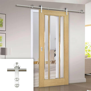 Image: Saturn Tubular Stainless Steel Sliding Track & Norwich Oak Door - Clear Bevelled Glass - Unfinished