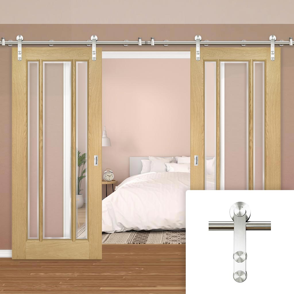 Saturn Tubular Stainless Steel Sliding Track & Norwich Oak Double Door - Clear Bevelled Glass - Unfinished