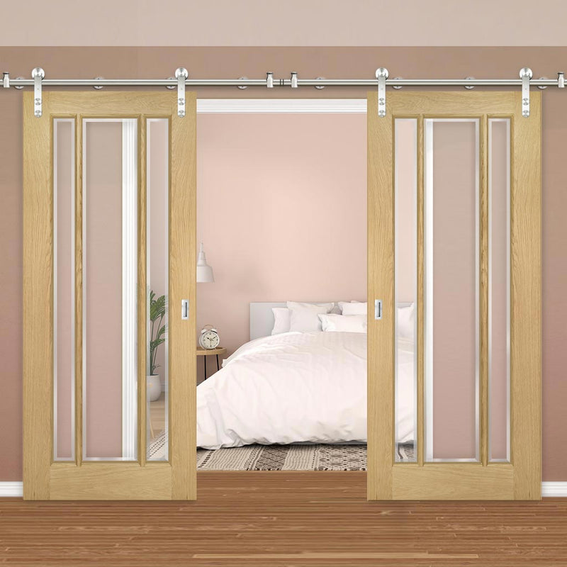 Saturn Tubular Stainless Steel Sliding Track & Norwich Oak Double Door - Clear Bevelled Glass - Unfinished