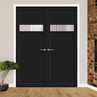 Image: Eco-Urban Orkney 1 Pane 2 Panel Solid Wood Internal Door Pair UK Made DD6403G Clear Glass - Eco-Urban® Shadow Black Premium Primed
