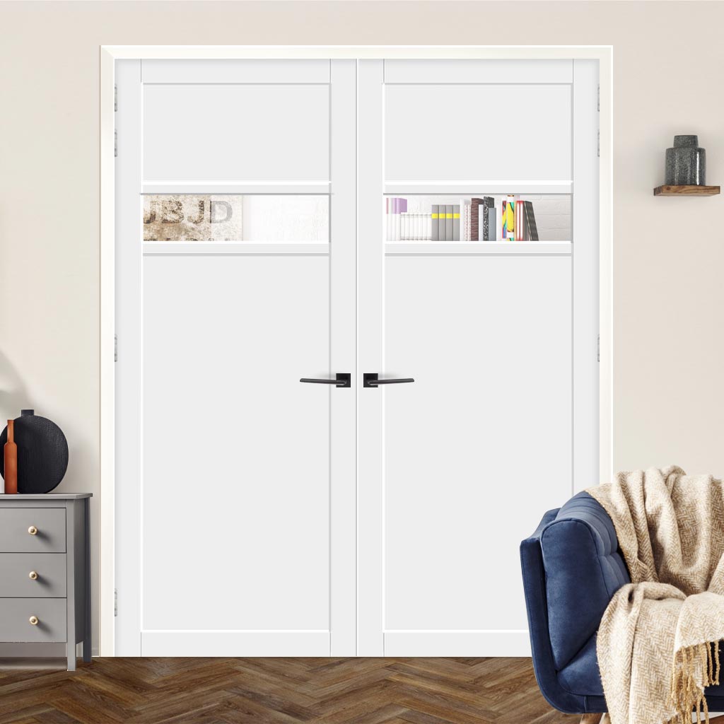 Eco-Urban Orkney 1 Pane 2 Panel Solid Wood Internal Door Pair UK Made DD6403G Clear Glass - Eco-Urban® Cloud White Premium Primed