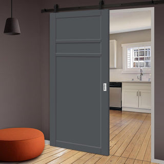 Image: Top Mounted Black Sliding Track & Solid Wood Door - Eco-Urban® Orkney 3 Panel Solid Wood Door DD6403 - Stormy Grey Premium Primed