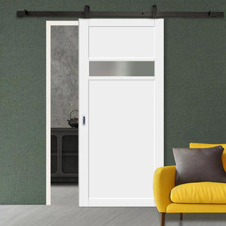 Image: Top Mounted Black Sliding Track & Solid Wood Door - Eco-Urban® Orkney 1 Pane 2 Panel Solid Wood Door DD6403SG Frosted Glass - Cloud White Premium Primed