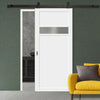 Top Mounted Black Sliding Track & Solid Wood Door - Eco-Urban® Orkney 1 Pane 2 Panel Solid Wood Door DD6403SG Frosted Glass - Cloud White Premium Primed