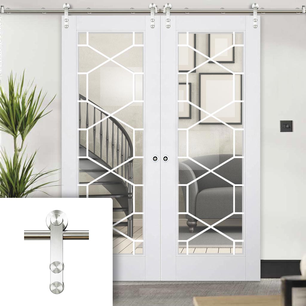 Saturn Tubular Stainless Steel Sliding Track & Orly Double Door - Clear Glass - Primed