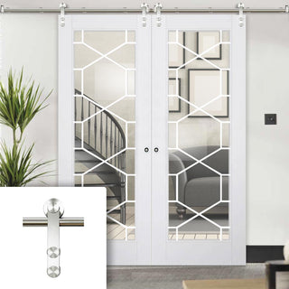 Image: Saturn Tubular Stainless Steel Sliding Track & Orly Double Door - Clear Glass - Primed