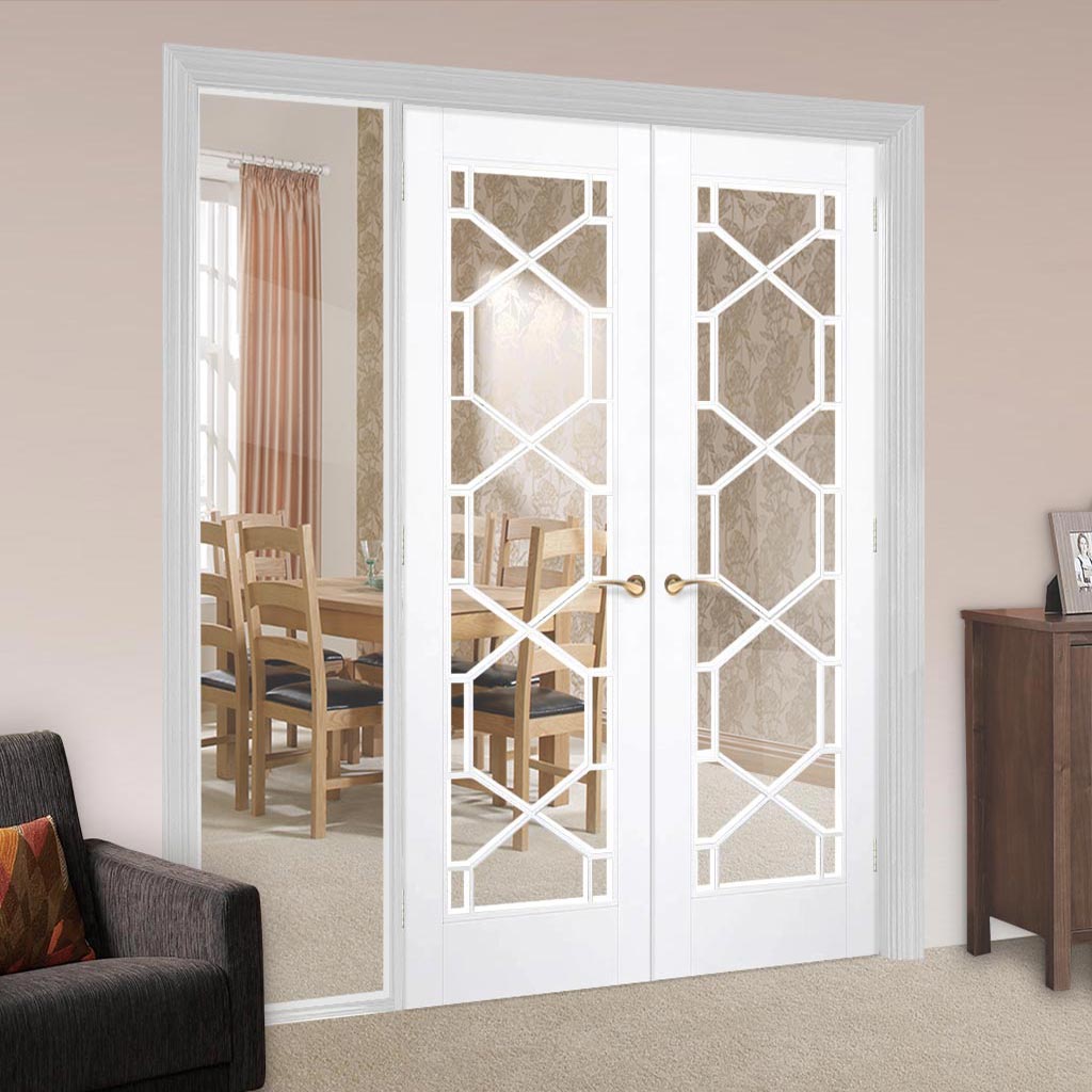 ThruEasi White Room Divider - Orly Clear Glass Primed Door Pair with Full Glass Side