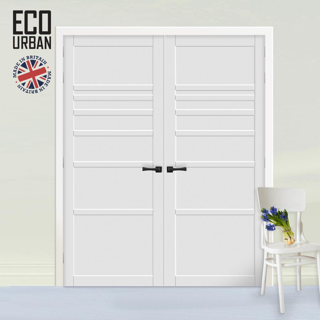 Oslo 7 Panel Solid Wood Internal Door Pair UK Made DD6400 - Eco-Urban® Cloud White Premium Primed