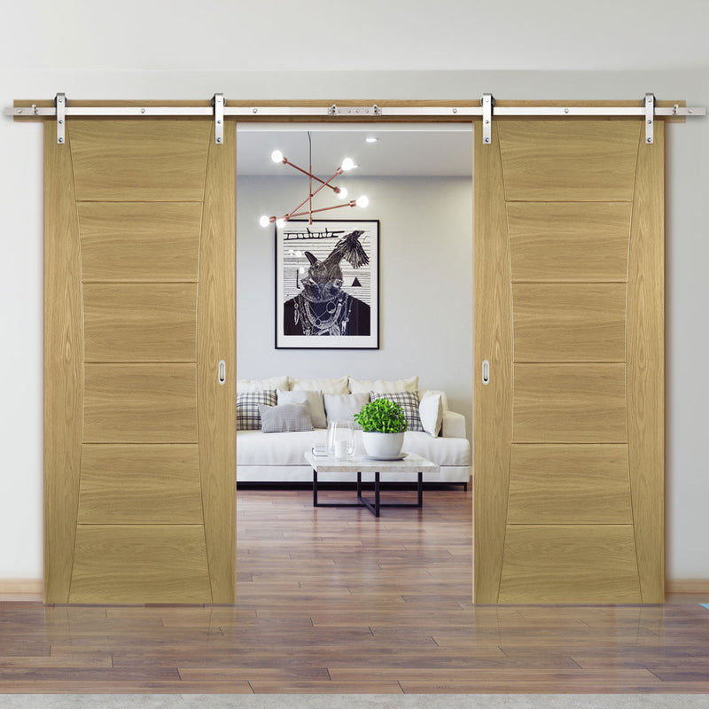 Double Sliding Door & Stainless Barn Steel Track - Pamplona Oak Flush Door - Prefinished