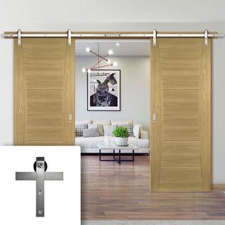 Image: Double Sliding Door & Stainless Barn Steel Track - Pamplona Oak Flush Door - Prefinished
