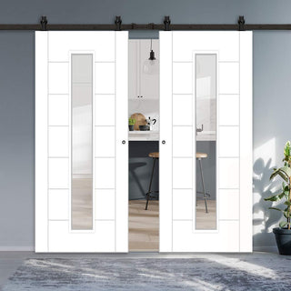 Image: Top Mounted Black Sliding Track & Double Door - Palermo 1 Pane Flush Doors - Clear Glass - White Primed