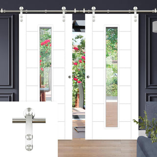 Image: Saturn Tubular Stainless Steel Sliding Track & Palermo 1 Pane Flush Double Door - Clear Glass - White Primed