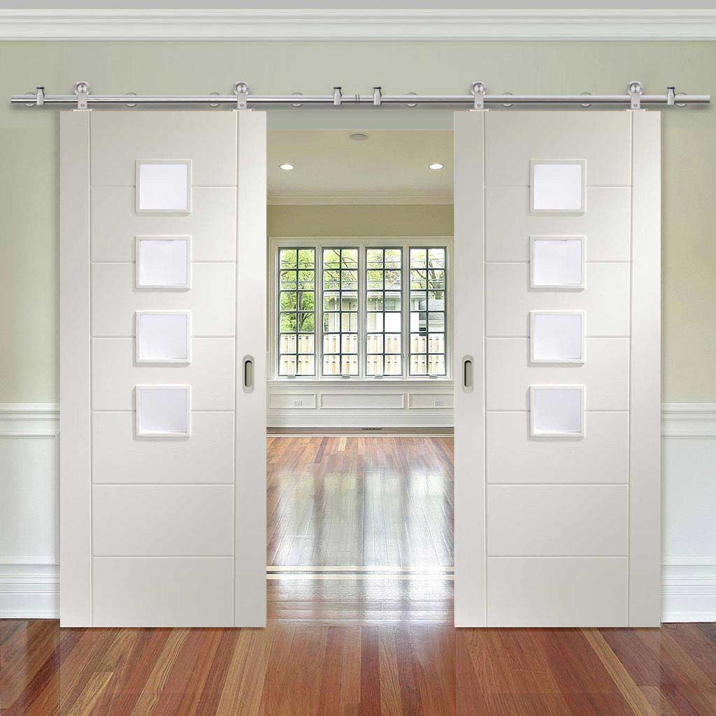 Sirius Tubular Stainless Steel Sliding Track & Palermo Double Door - Obscure Glass - White Primed