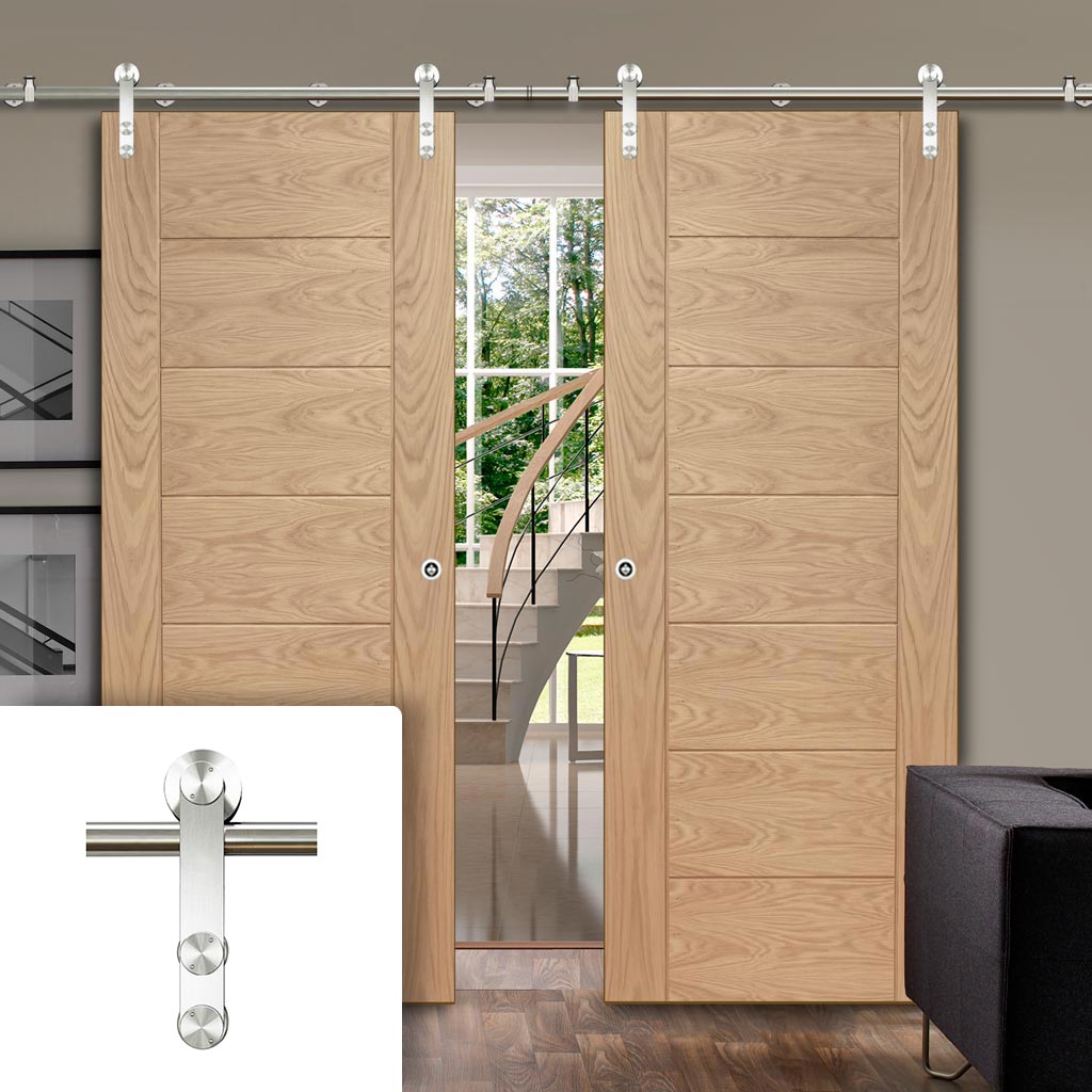 Saturn Tubular Stainless Steel Sliding Track & Palermo Essential Oak Double Door - Unfinished