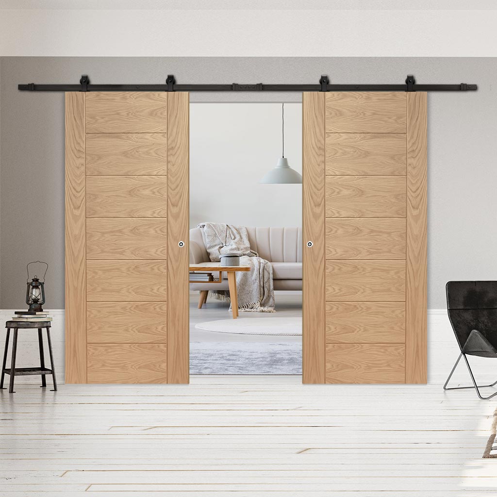 Top Mounted Black Sliding Track & Double Door - Palermo Essential Oak Doors - Unfinished