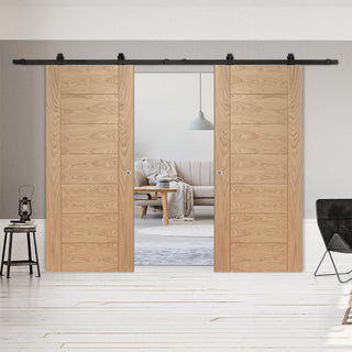 Image: Top Mounted Black Sliding Track & Double Door - Palermo Essential Oak Doors - Unfinished