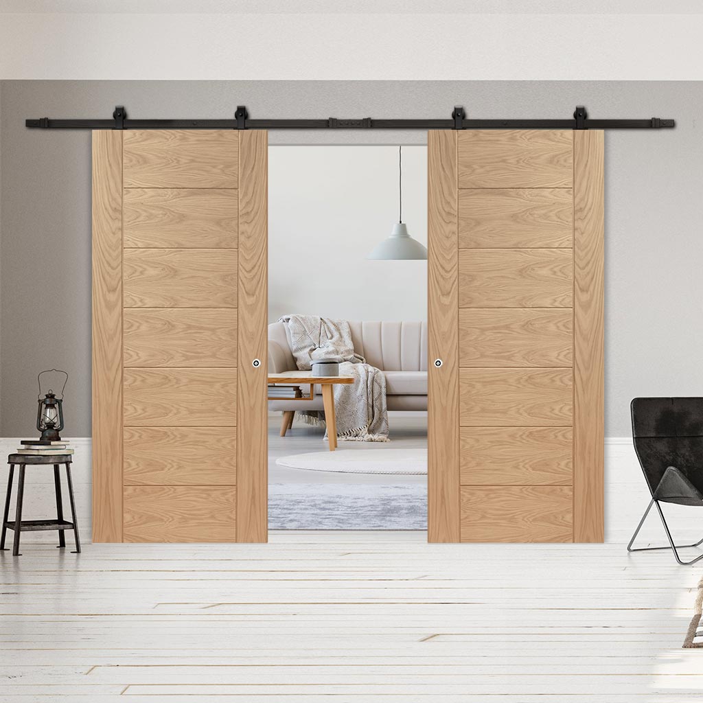 Top Mounted Black Sliding Track & Double Door - Palermo Oak Doors - Panel Effect - Prefinished