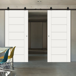 Image: Top Mounted Black Sliding Track & Double Door - Palermo Flush Doors - White Primed