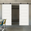 Top Mounted Black Sliding Track & Double Door - Palermo Flush Doors - White Primed