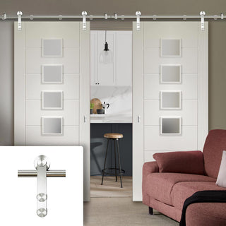 Image: Saturn Tubular Stainless Steel Sliding Track & Palermo Double Door - Obscure Glass - White Primed
