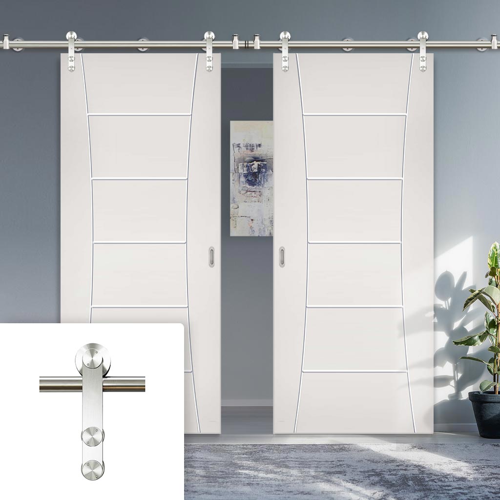 Saturn Tubular Stainless Steel Sliding Track & Pamplona Flush Double Door - Primed