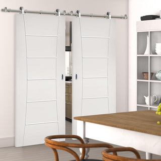 Image: Sirius Tubular Stainless Steel Sliding Track & Pamplona Flush Double Door - Primed