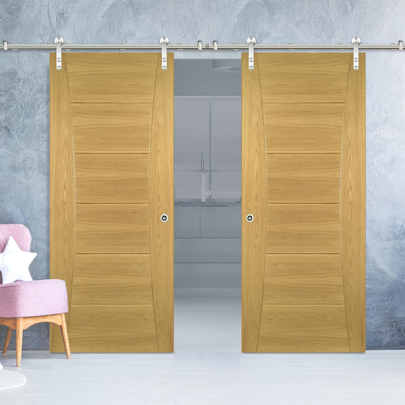 Saturn Tubular Stainless Steel Sliding Track & Pamplona Oak Flush Double Door - Prefinished