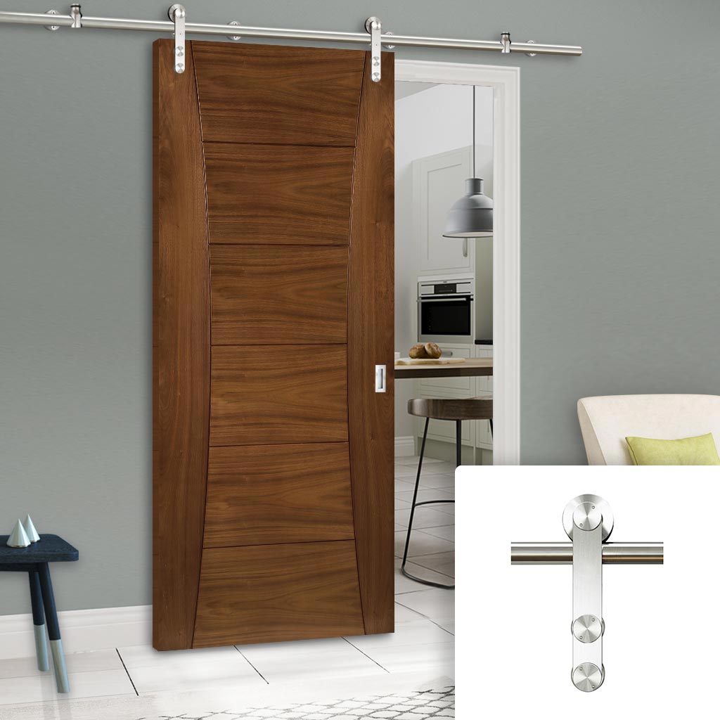 Saturn Tubular Stainless Steel Sliding Track & Pamplona Walnut Door - Prefinished