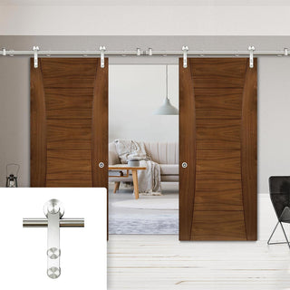 Image: Saturn Tubular Stainless Steel Sliding Track & Pamplona Walnut Double Door - Prefinished