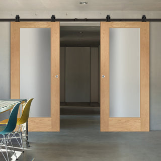 Image: Top Mounted Black Sliding Track & Double Door - Pattern 10 1 Pane Shaker Oak Doors - Obscure Glass - Unfinished