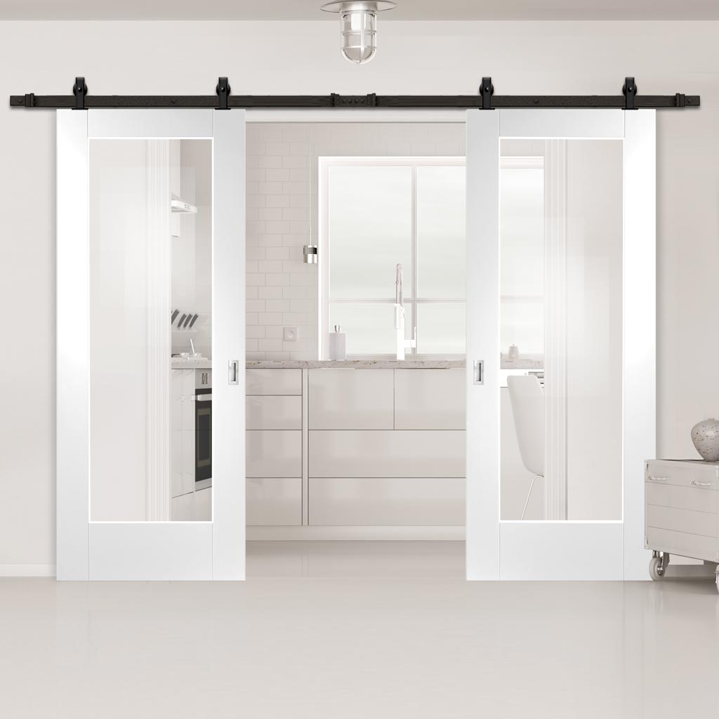 Top Mounted Black Sliding Track & Double Door - Pattern 10 1 Pane Doors - Clear Glass - White Primed