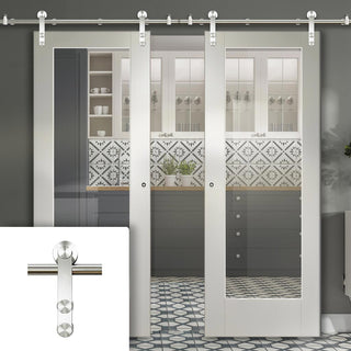 Image: Saturn Tubular Stainless Steel Sliding Track & Pattern 10 1 Pane Double Door - Clear Glass - White Primed
