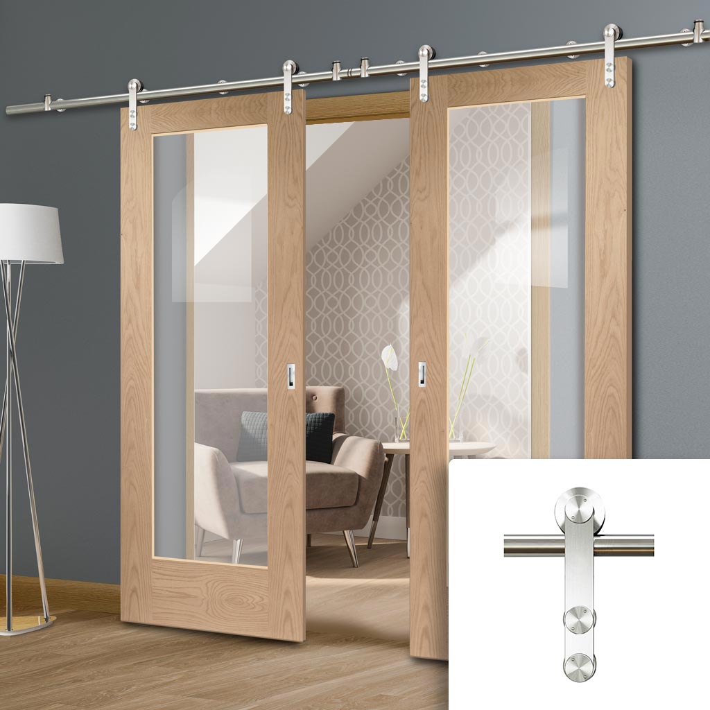 Saturn Tubular Stainless Steel Sliding Track & Pattern 10 Oak 1 Pane Double Door - Clear Glass - Prefinished