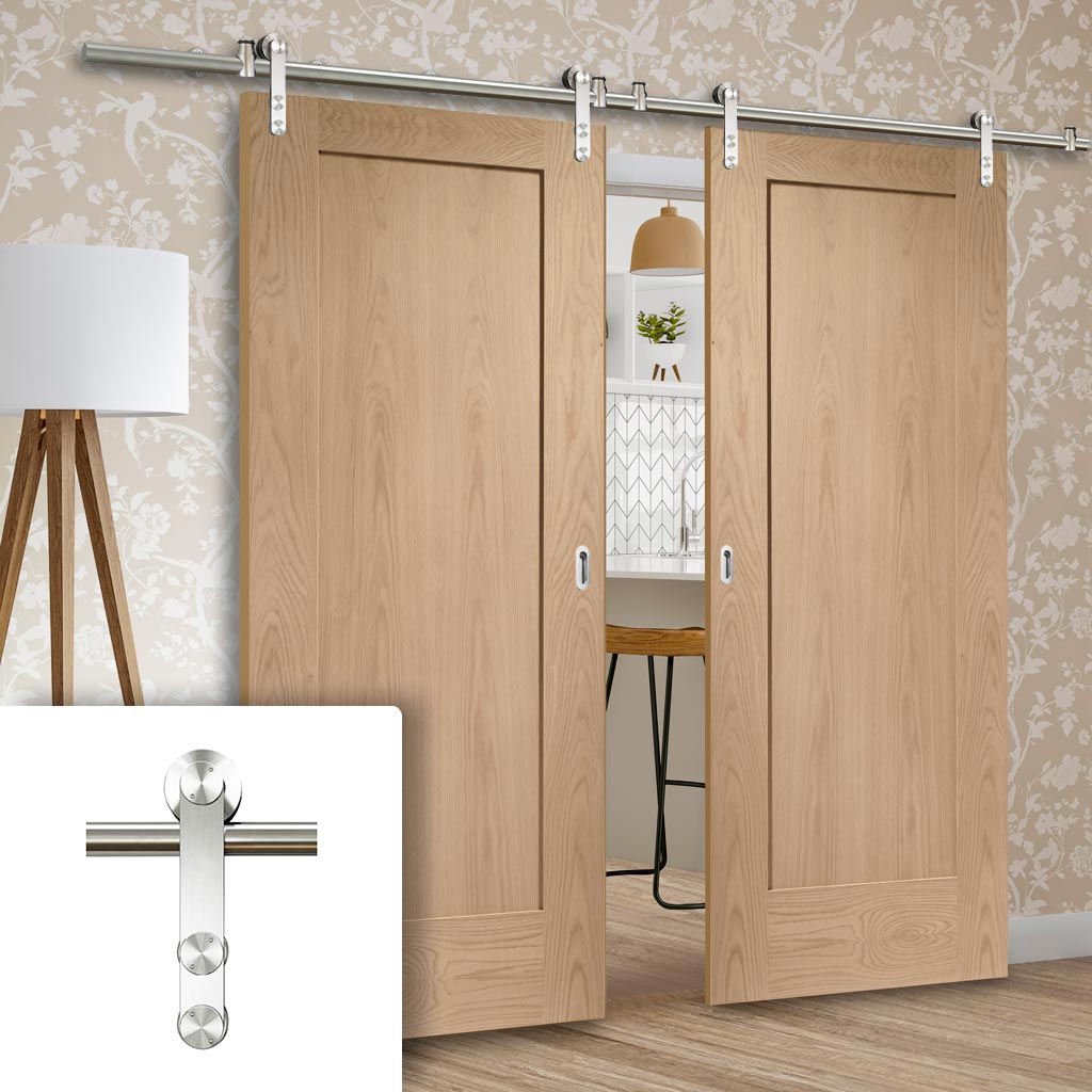 Saturn Tubular Stainless Steel Sliding Track & Pattern 10 Oak 1 Panel Double Door - Prefinished