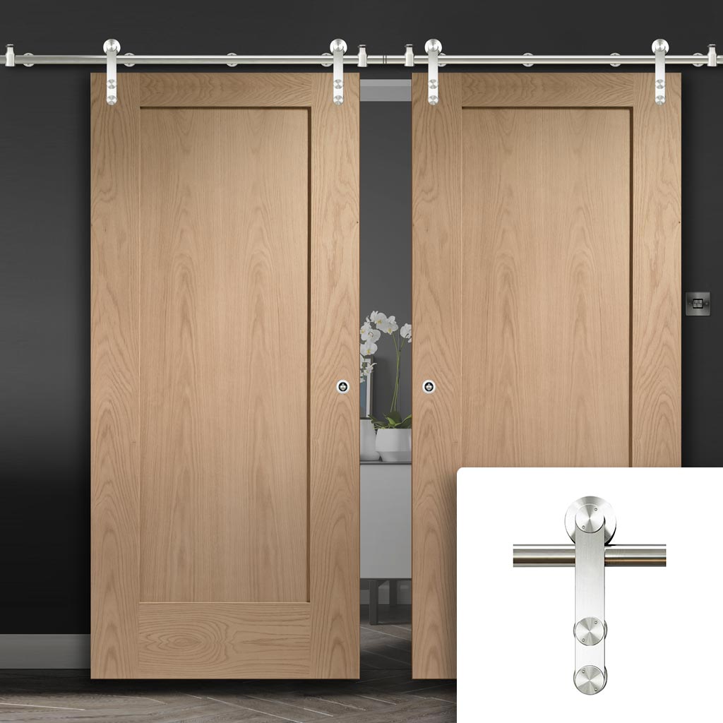 Saturn Tubular Stainless Steel Sliding Track & Pattern 10 Oak 1 Panel Double Door - Unfinished