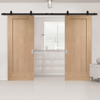 Image: Top Mounted Black Sliding Track & Double Door - Pattern 10 Oak 1 Panel Doors - Prefinished