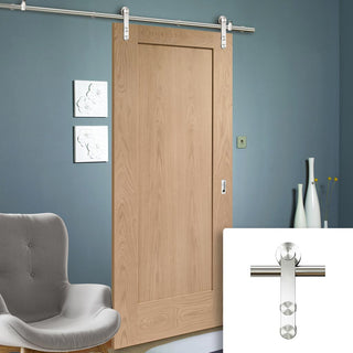 Image: Saturn Tubular Stainless Steel Sliding Track & Pattern 10 Oak 1 Panel Door - Unfinished