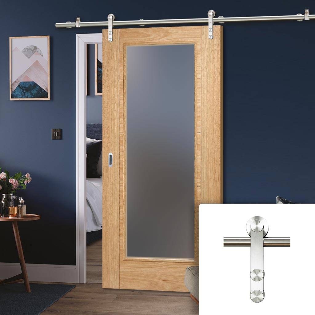 Saturn Tubular Stainless Steel Sliding Track & Pattern 10 Oak Door - Frosted Glass - Unfinished