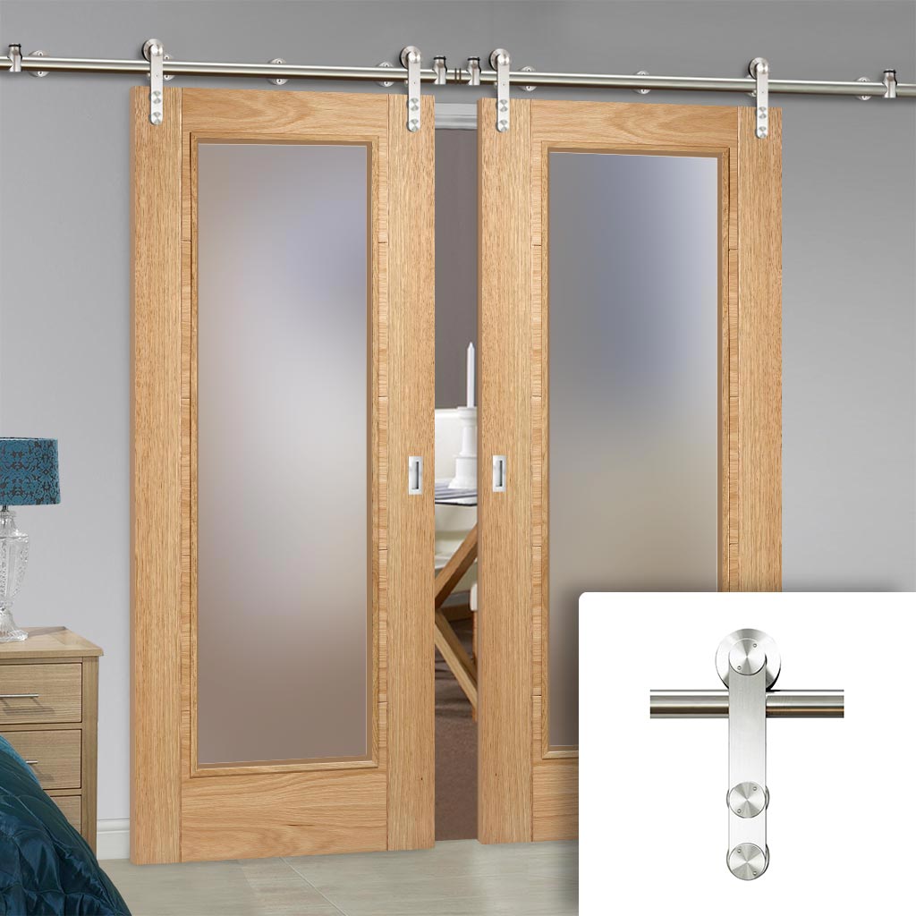 Saturn Tubular Stainless Steel Sliding Track & Pattern 10 Oak Double Door - Frosted Glass - Unfinished