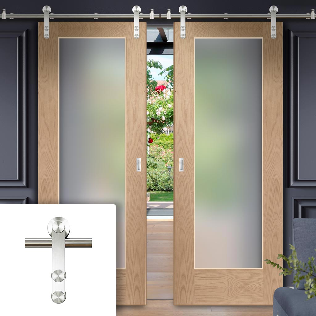 Saturn Tubular Stainless Steel Sliding Track & Pattern 10 Shaker Oak 1 Pane Double Door - Obscure Glass - Unfinished