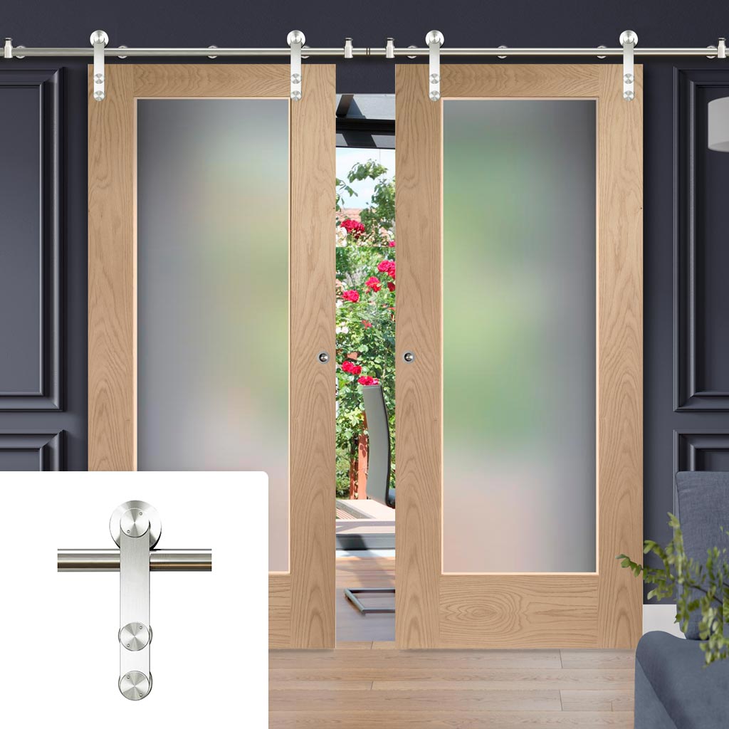 Saturn Tubular Stainless Steel Sliding Track & Pattern 10 Oak Shaker 1 Pane Double Door - Obscure Glass - Prefinished