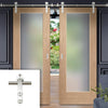 Saturn Tubular Stainless Steel Sliding Track & Pattern 10 Shaker Oak 1 Pane Double Door - Obscure Glass - Unfinished