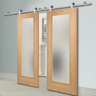 Image: Sirius Tubular Stainless Steel Sliding Track & Pattern 10 Oak Double Door - Frosted Glass - Unfinished