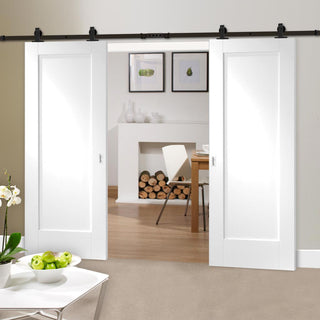 Image: Top Mounted Black Sliding Track & Double Door - Pattern 10 1 Panel Doors - White Primed